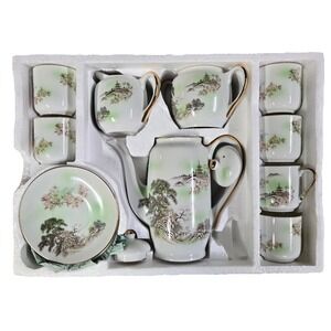Spring Kutani Lithophane Demitasse 17pc set Cofee Pot creamer & 6 cups & saucers